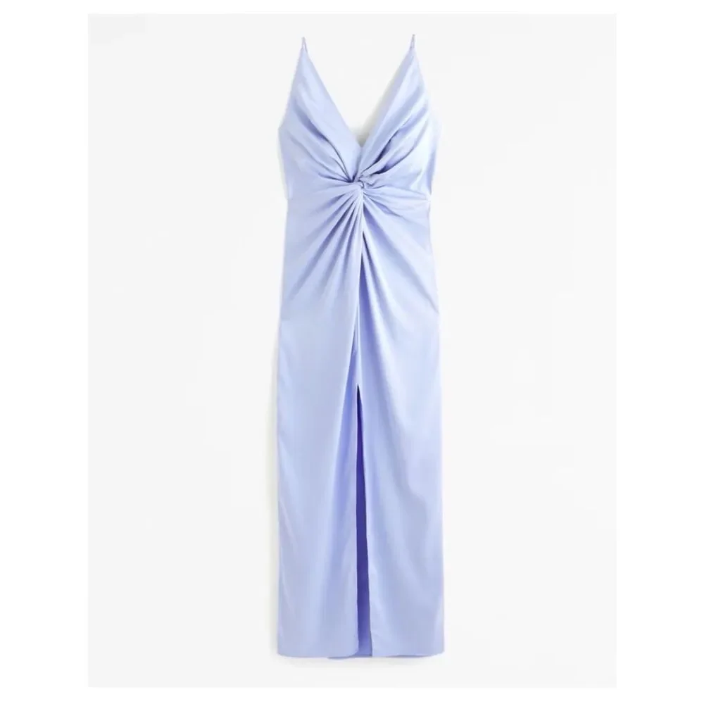 Abercrombie & Fitch Light Blue Satin Twist-Front Slit Maxi Dress